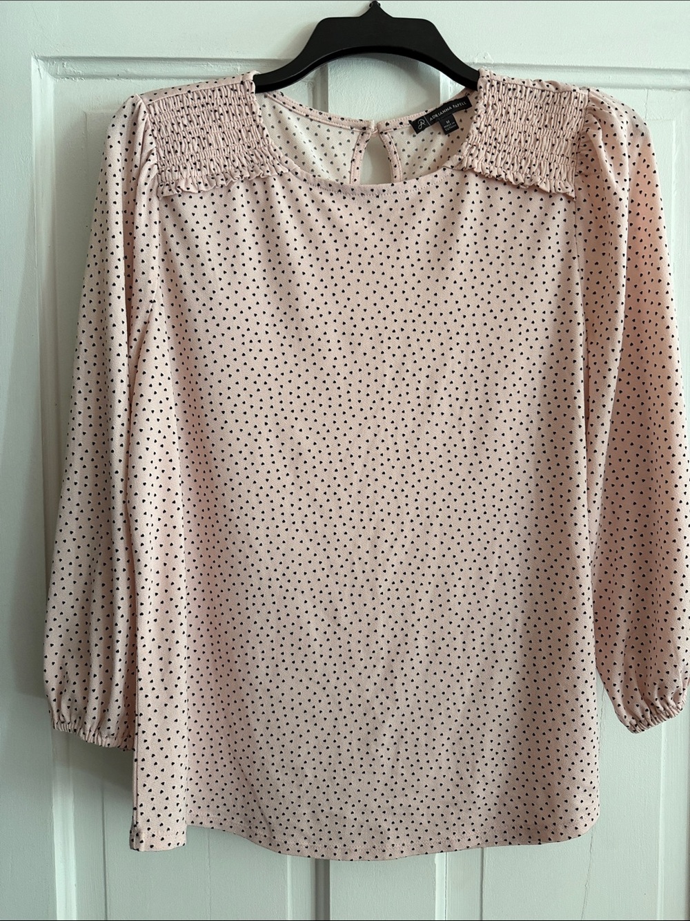 Adrianna Papell Blush Pink Polka Dot Smocked-Shoulder Blouse